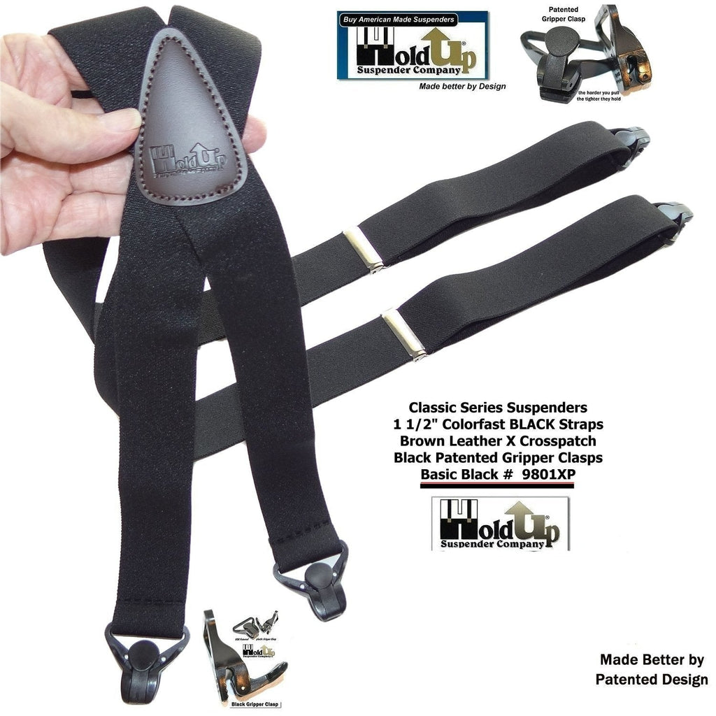Holdup Brand 1 1/2" Wide Classic Series Basic Black X-back Suspenders With Black Gripper Clasps