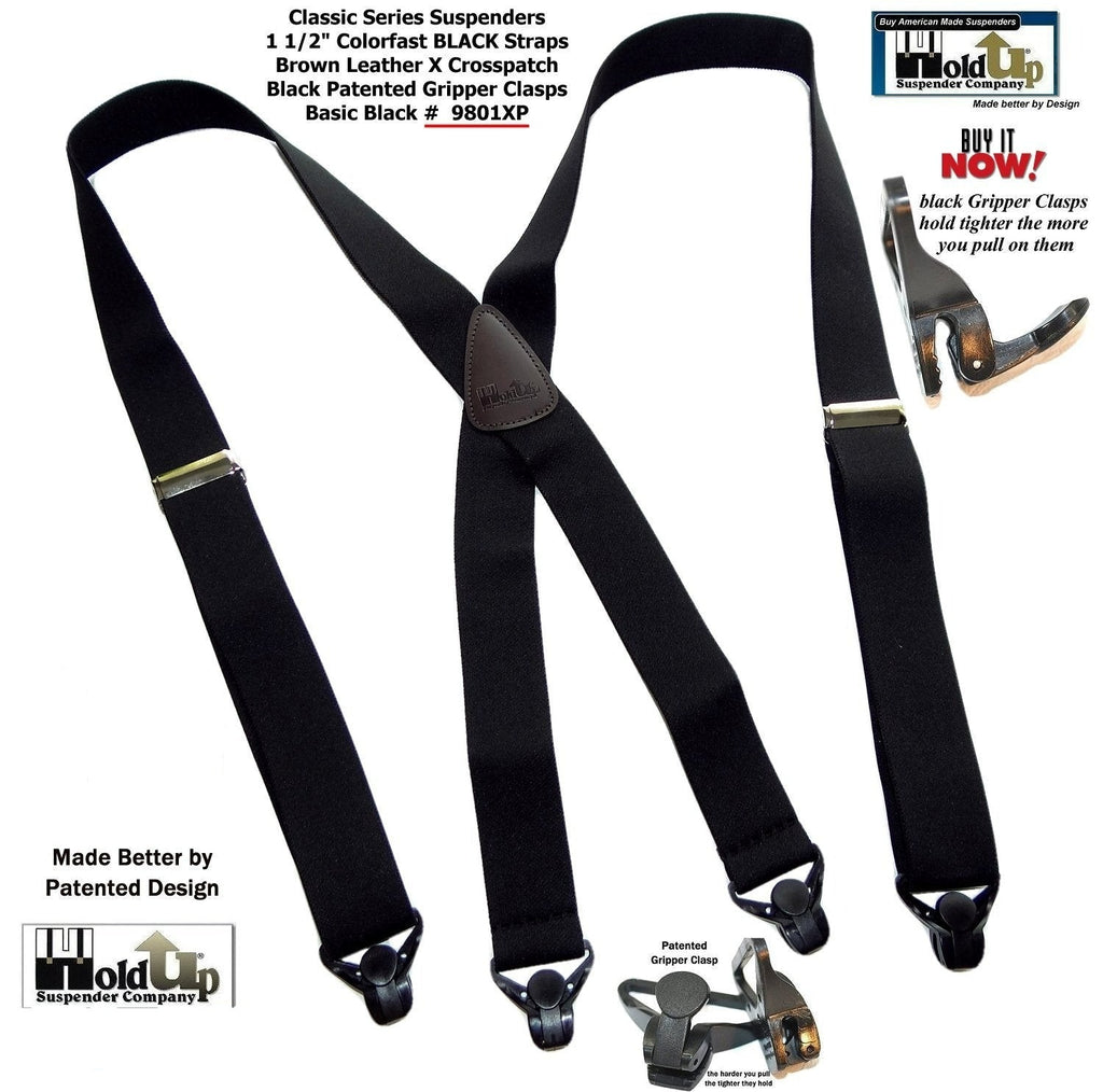Holdup Brand 1 1/2" Wide Classic Series Basic Black X-back Suspenders With Black Gripper Clasps