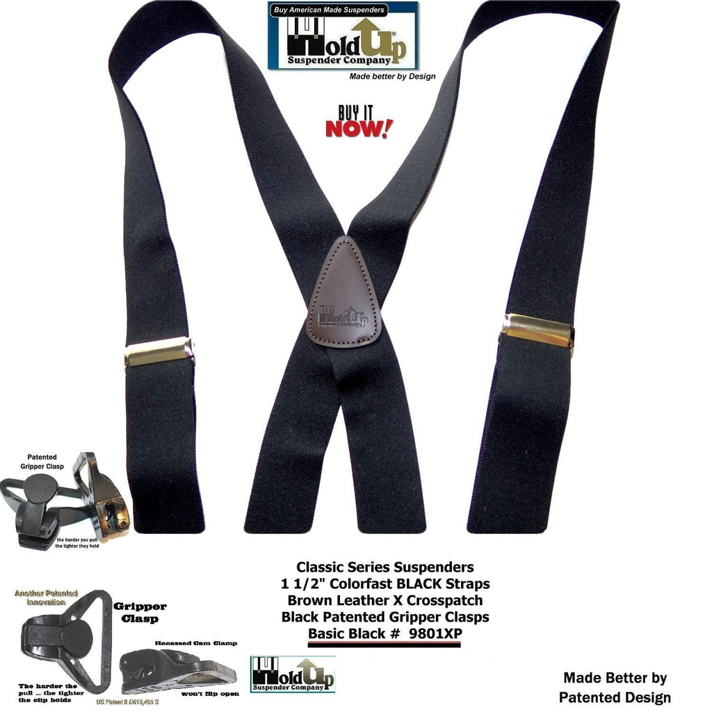 Holdup Brand 1 1/2" Wide Classic Series Basic Black X-back Suspenders With Black Gripper Clasps