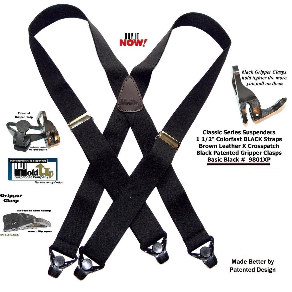 Holdup Brand 1 1/2" Wide Classic Series Basic Black X-back Suspenders With Black Gripper Clasps