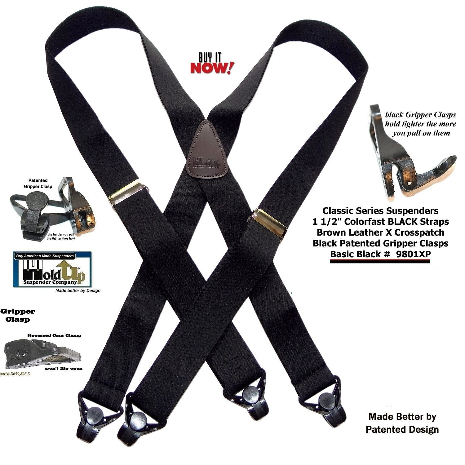 Holdup Brand 1 1/2" Wide Classic Series Basic Black X-back Suspenders With Black Gripper Clasps
