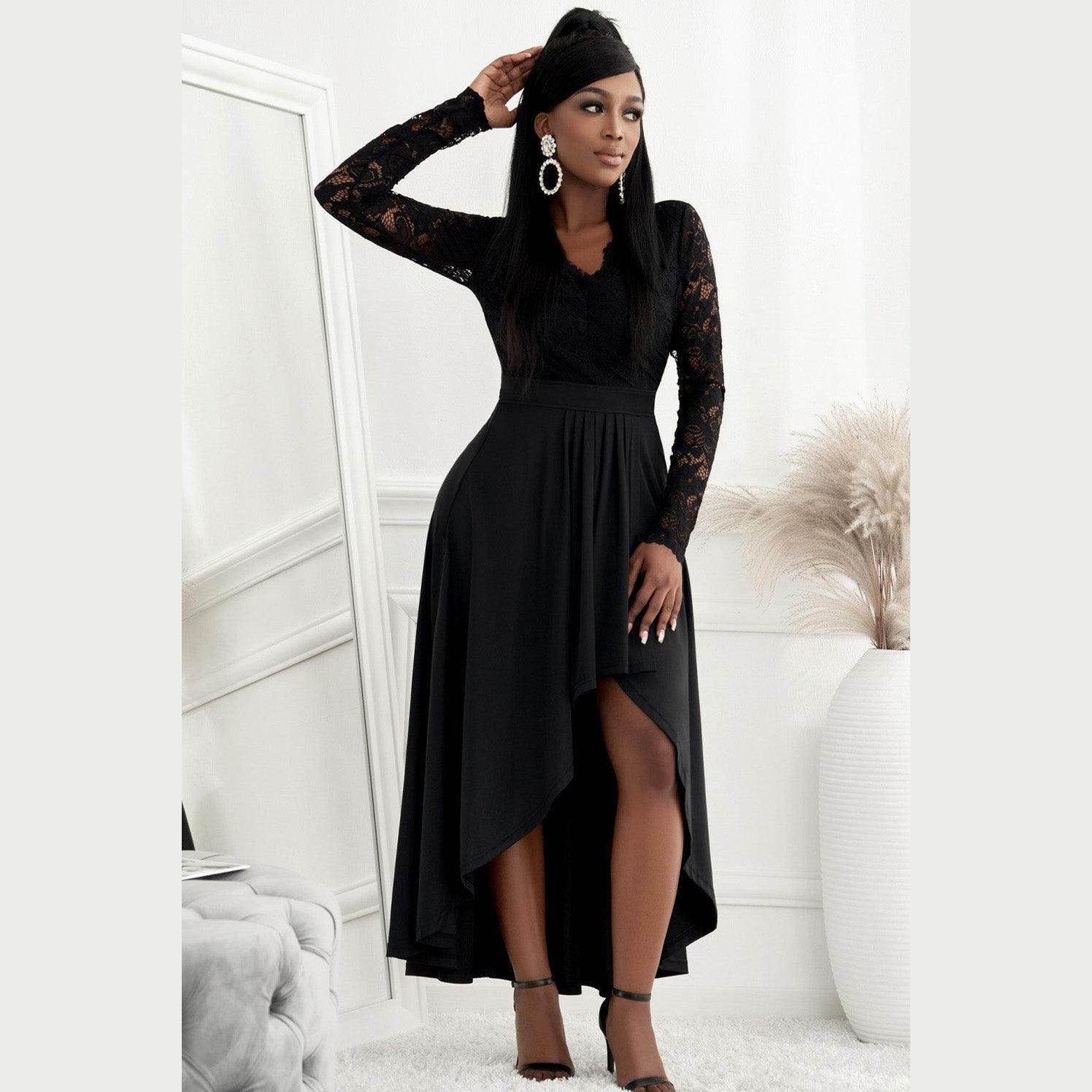 Lace High-Low V-Neck Dress - VacationGrabs