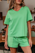 Solid V-Neck Tee and Drawstring Shorts Set