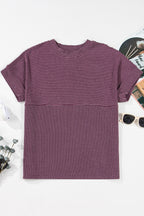 Solid Corded Knit Mock Neck T-Shirt