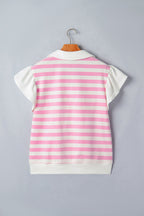 Stripe Collar V-Neck Ruffle Short Sleeve Blouse