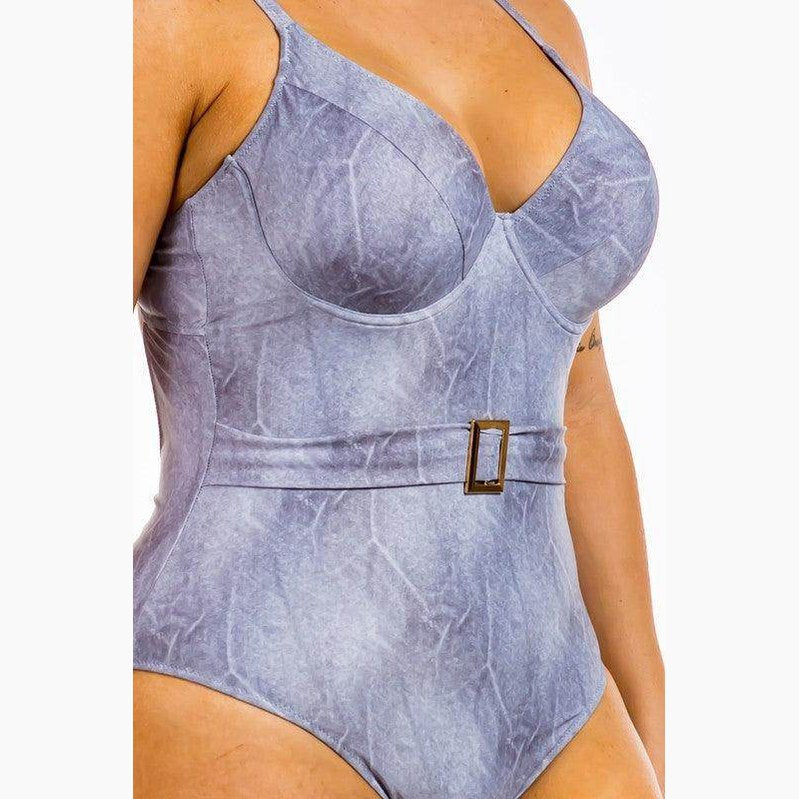 Swimwear - One Piece Buckle Belt Embellish Denim Swimsuit - VacationGrabs