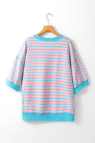 Women's Shirts - T-ShirtsPink Stripe Oversized Contrast Trim Exposed Seam High Low T - VacationGrabs