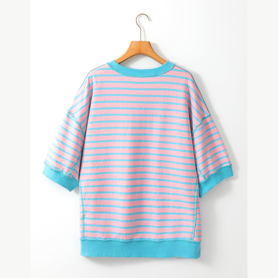 Pink Stripe Oversized Contrast Trim Exposed Seam High Low T