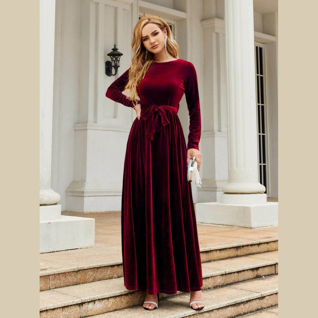 Tie Front Round Neck Long Sleeve Maxi Dress - VacationGrabs