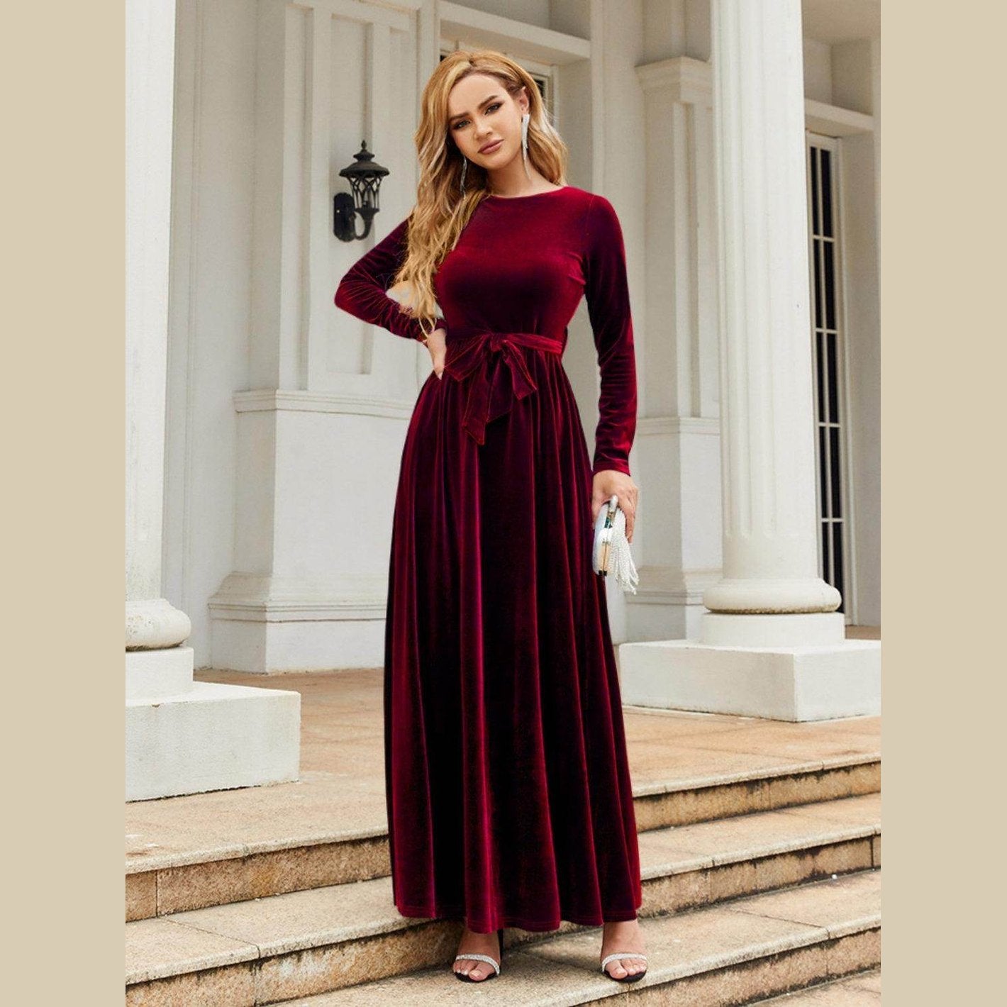 Tie Front Round Neck Long Sleeve Maxi Dress - VacationGrabs