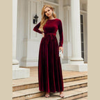 Tie Front Round Neck Long Sleeve Maxi Dress - VacationGrabs