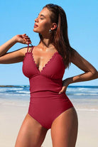 Scalloped V Neck Cut Out Monokini Swimwear - VacationGrabs