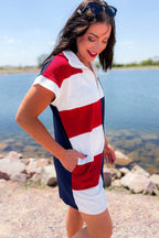 Americana Colorblock Stripe Zip Collar Mini Dress