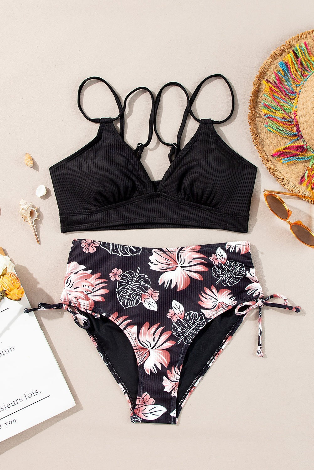 Maillot de bain bikini taille haute côtelé colorblock tropical