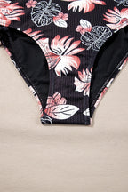 Maillot de bain bikini taille haute côtelé colorblock tropical