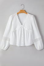 Solid Floral Guipure Lace Frilled Long Sleeve Blouse