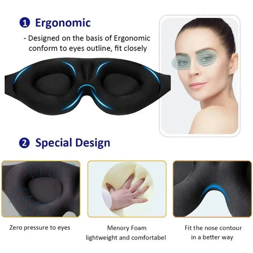 3D sleep mask for men and women in black, ergonomic memory foam design