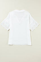 Embroidered Eyelet Crinkled Gauze Collared V-Neck Blouse