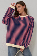 Red Stripe Oversized Contrast Trim Pullover Sweatshirt - VacationGrabs