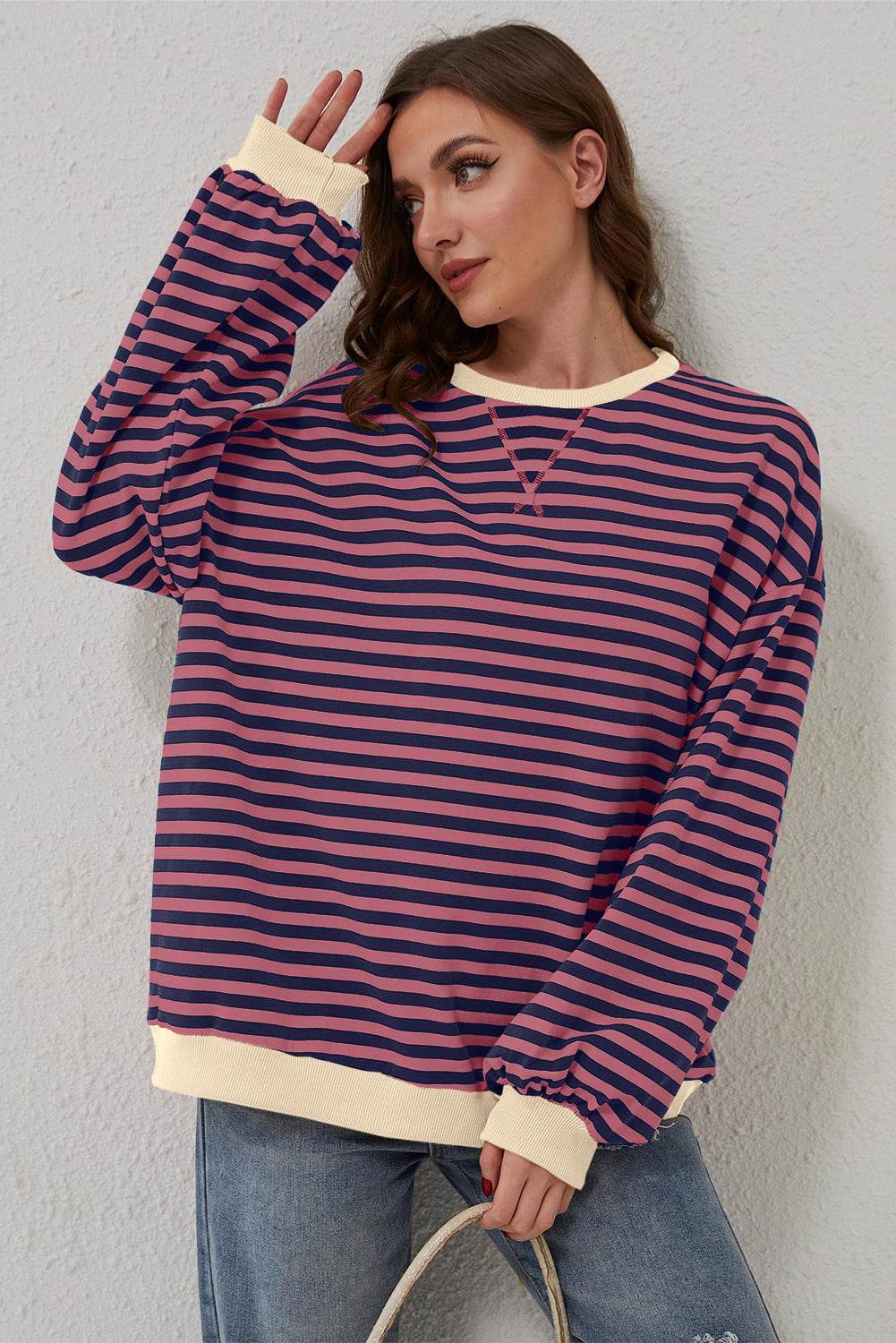 Red Stripe Oversized Contrast Trim Pullover Sweatshirt - VacationGrabs