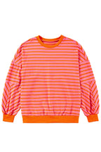 JUNIPER BLVD striped drop shoulder sweatshirt in vibrant pink and orange colors for a trendy casual look