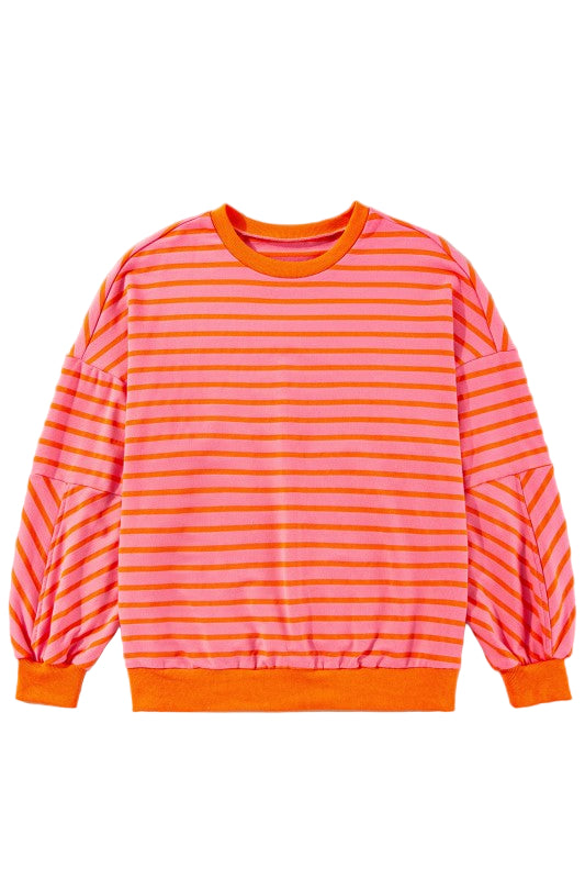 JUNIPER BLVD striped drop shoulder sweatshirt in vibrant pink and orange colors for a trendy casual look