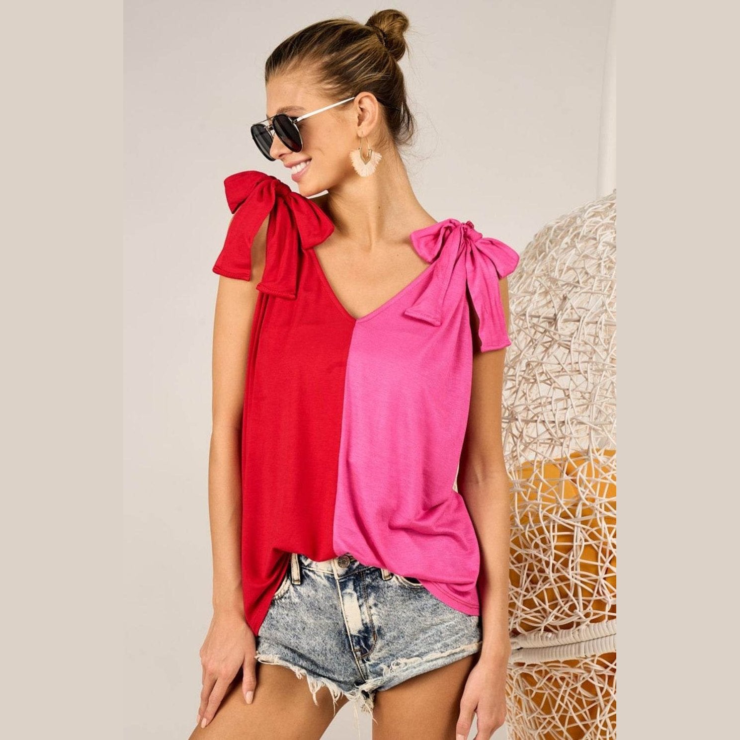 BiBi Shoulder Ribbon Tied Contrast Tank - VacationGrabs