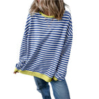 Blue Stripe Oversized Contrast Trim Pullover Sweatshirt - VacationGrabs