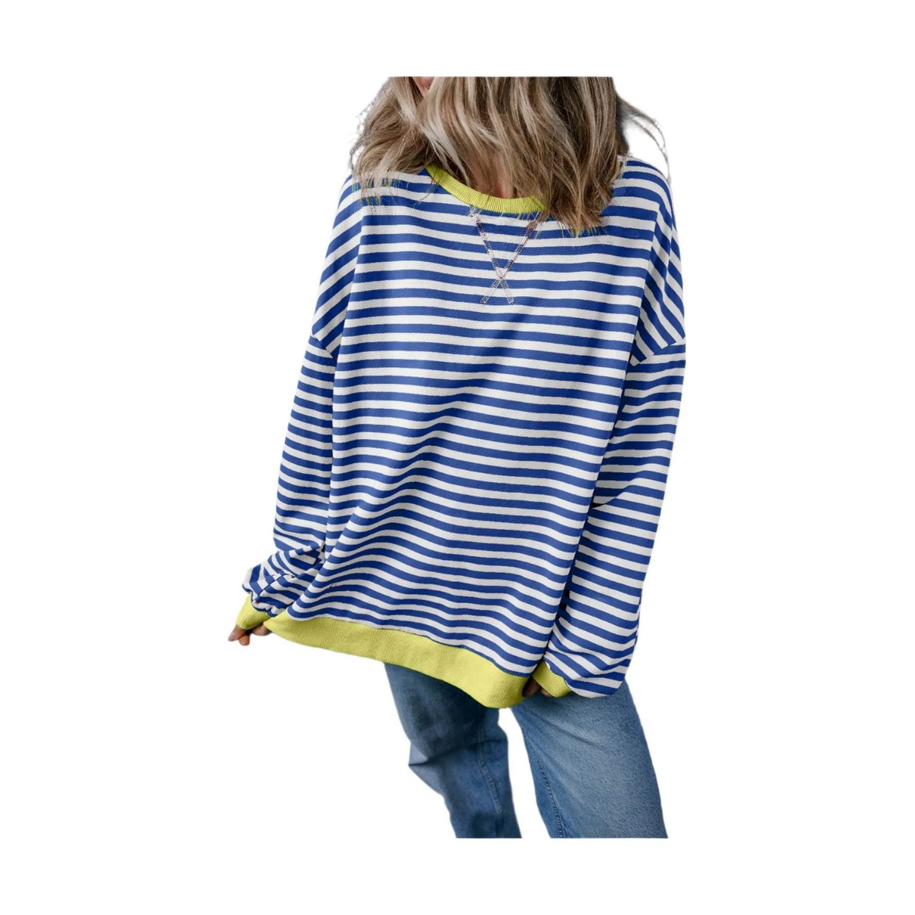Blue Stripe Oversized Contrast Trim Pullover Sweatshirt - VacationGrabs