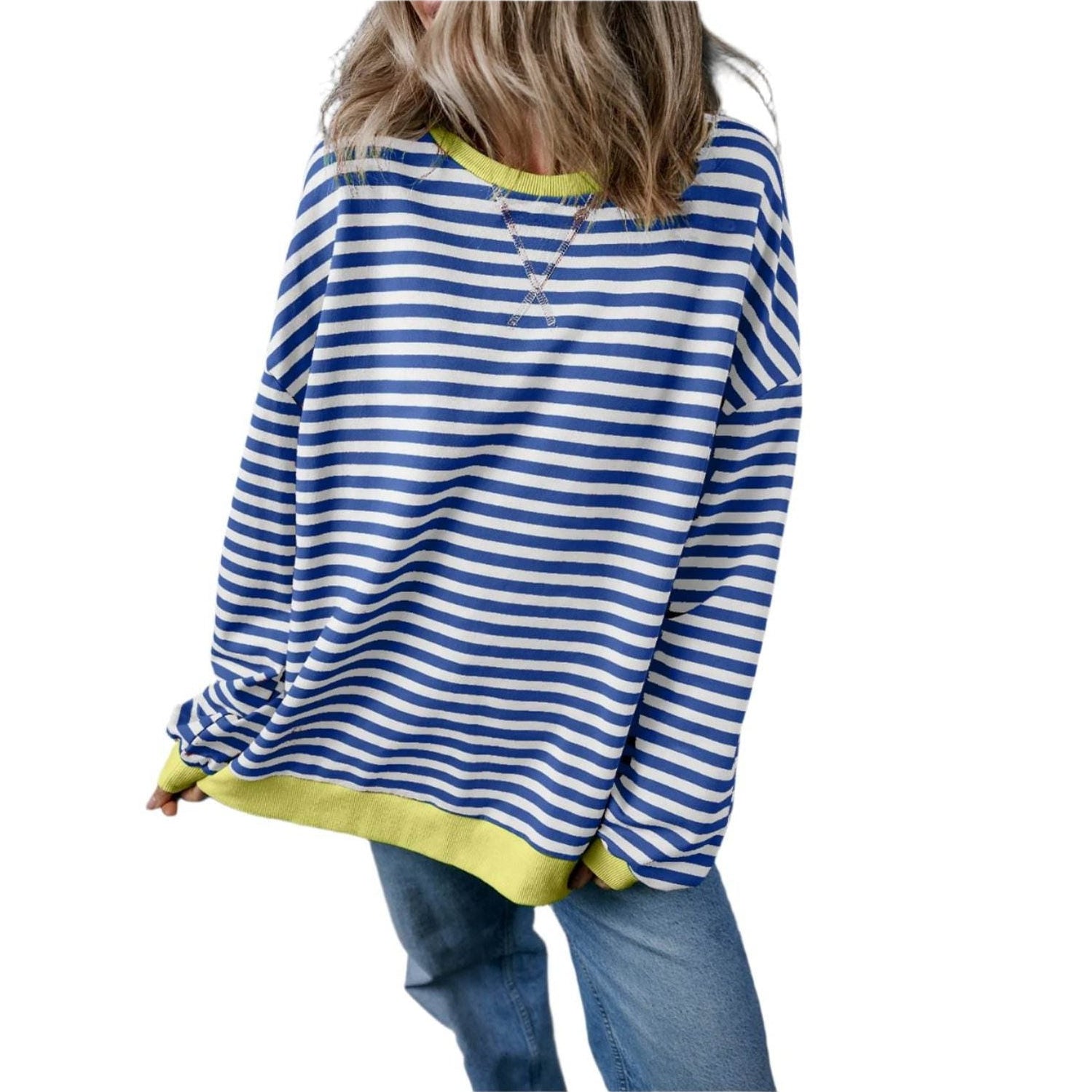 Blue Stripe Oversized Contrast Trim Pullover Sweatshirt - VacationGrabs