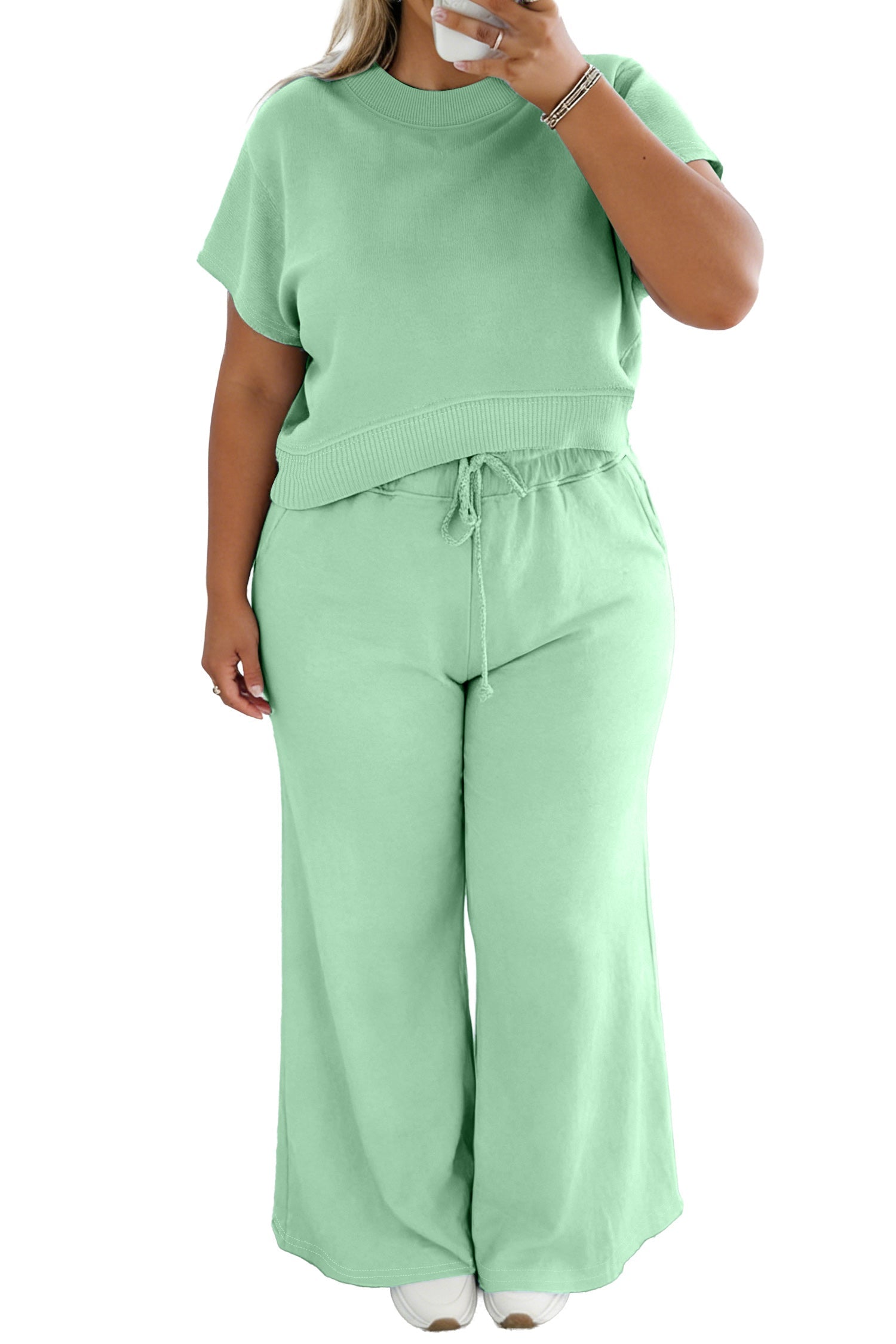 Plus Size Solid Top & Drawstring Pants Set