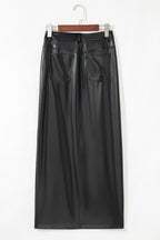 Solid Faux Leather Side Slit Maxi Skirt