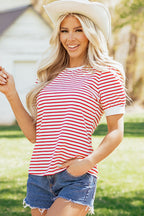 Stripe Contrast Trim Round Neck Puff Sleeve T-Shirt
