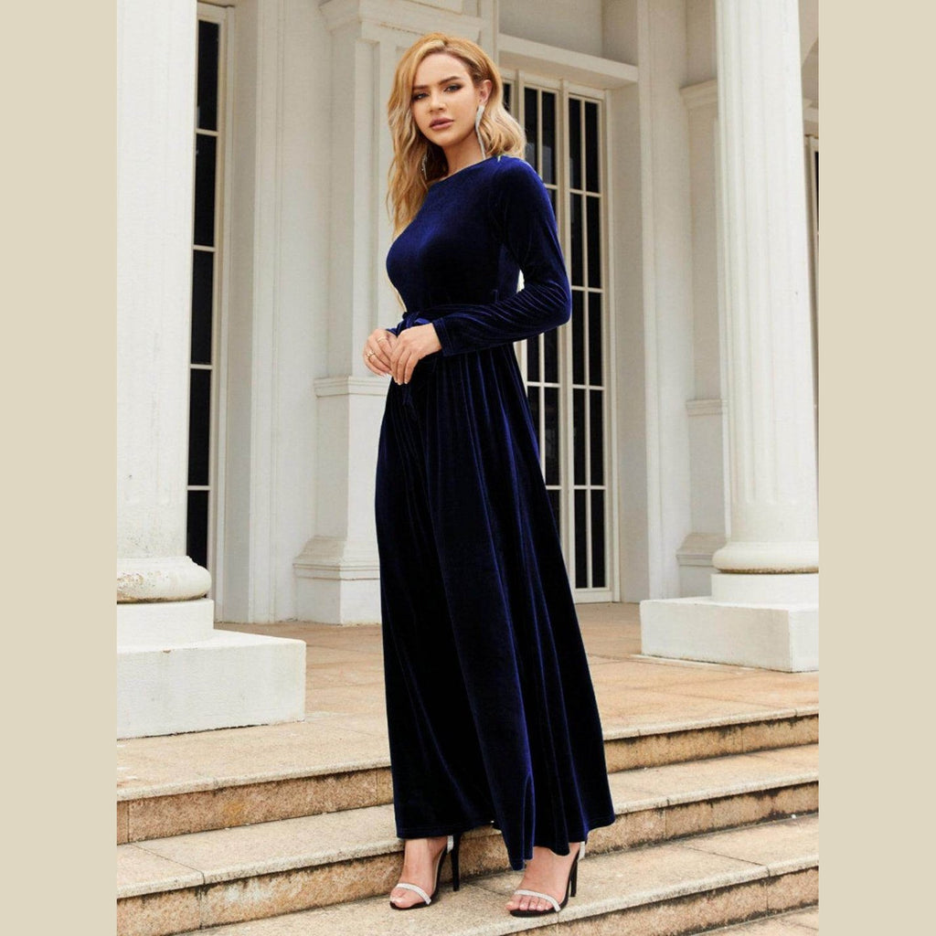 Tie Front Round Neck Long Sleeve Maxi Dress - VacationGrabs
