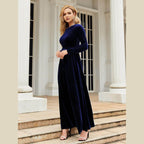 Tie Front Round Neck Long Sleeve Maxi Dress - VacationGrabs