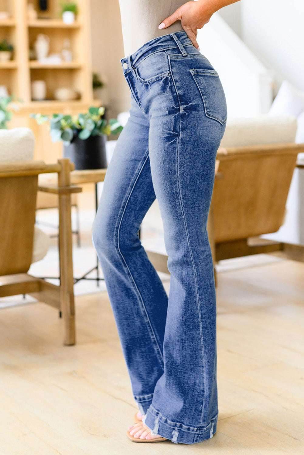 Sky Blue Slight Distressed Medium Wash Flare Jeans - VacationGrabs