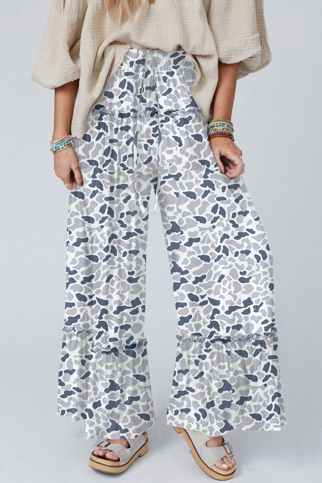 Camo Ruffle Wide Leg Drawstring Pants