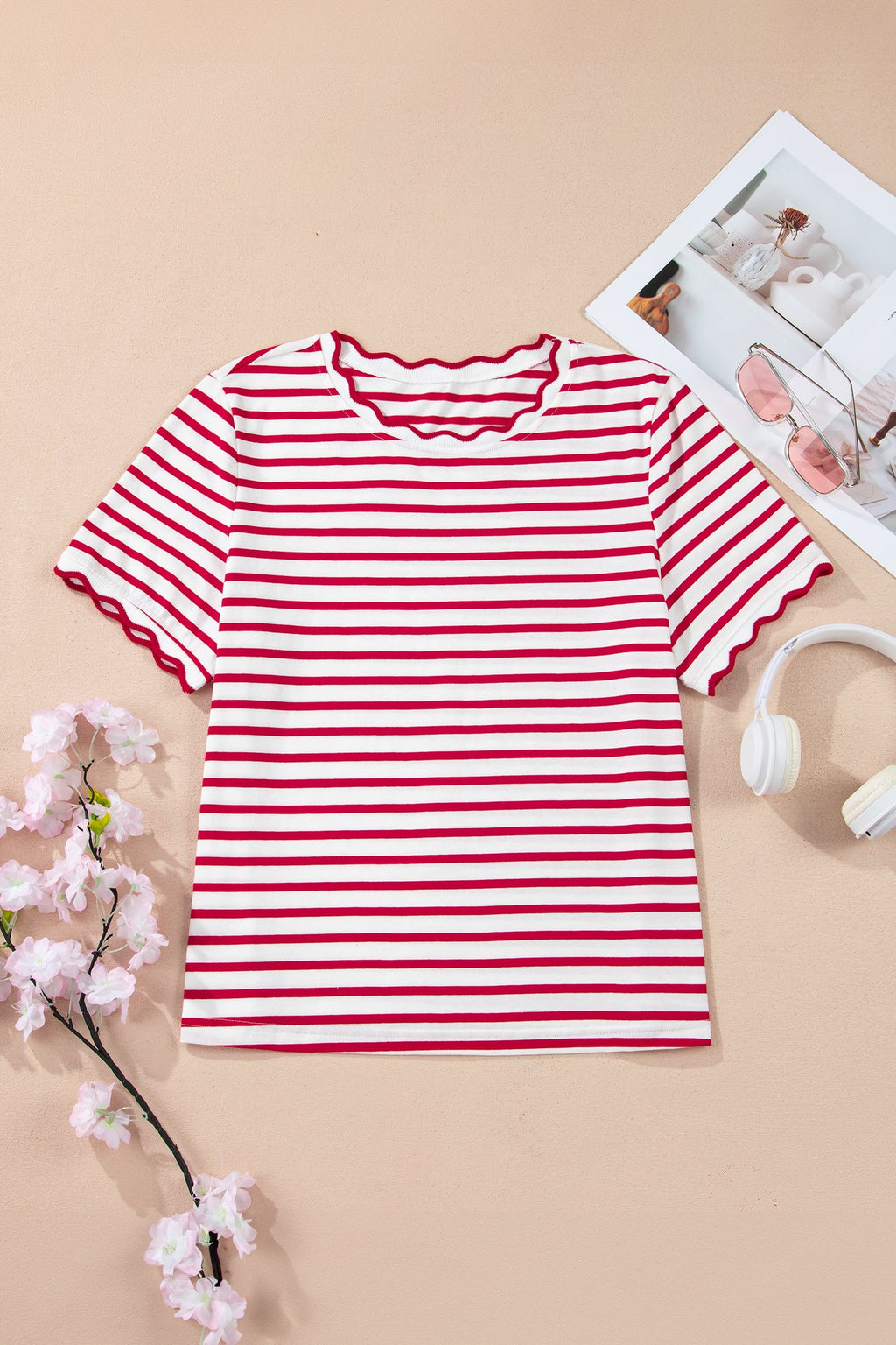 Stripe Scallop Trim Round Neck T-Shirt
