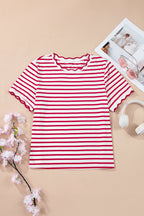 Stripe Scallop Trim Round Neck T-Shirt