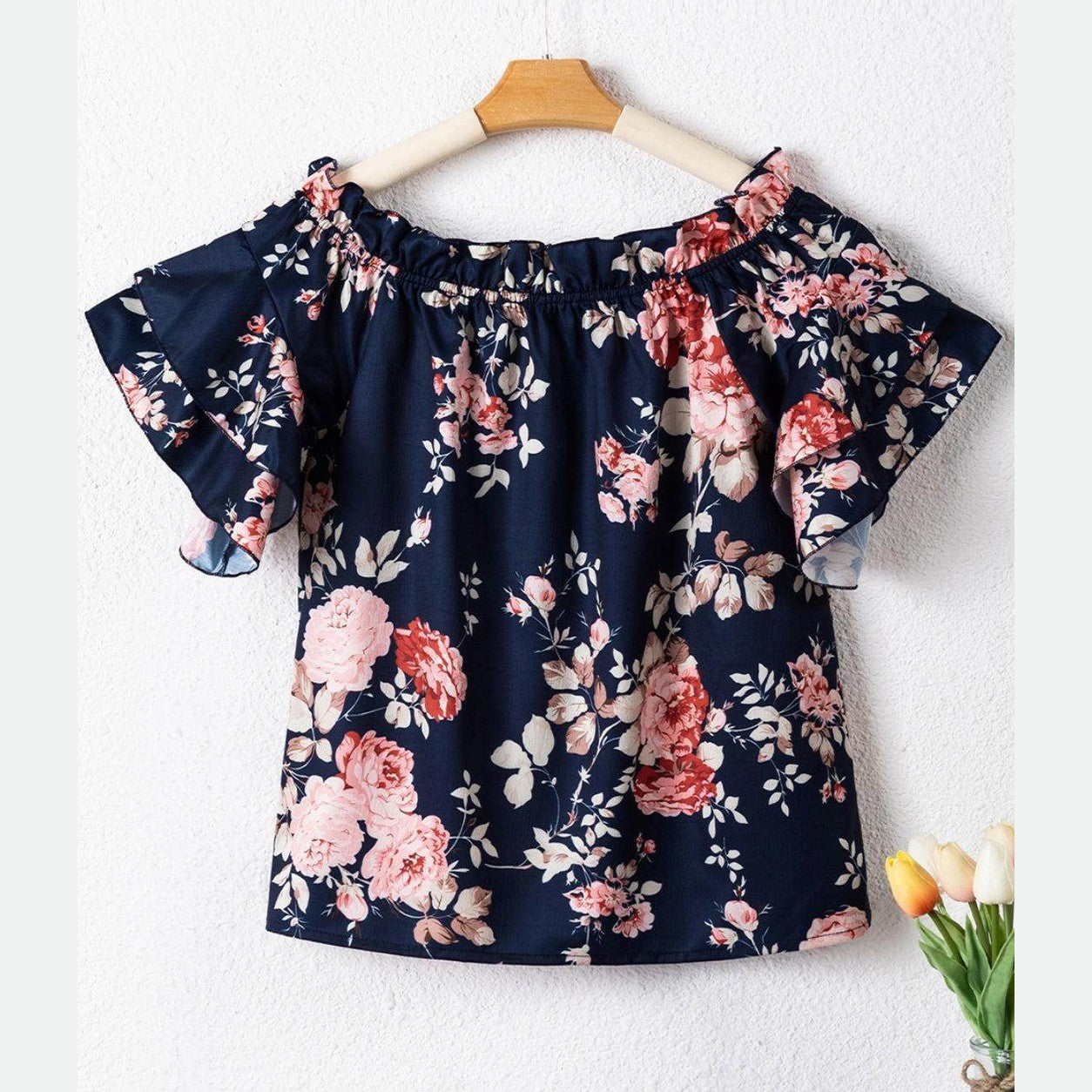 Printed Off-Shoulder Flounce Sleeve Blouse - VacationGrabs