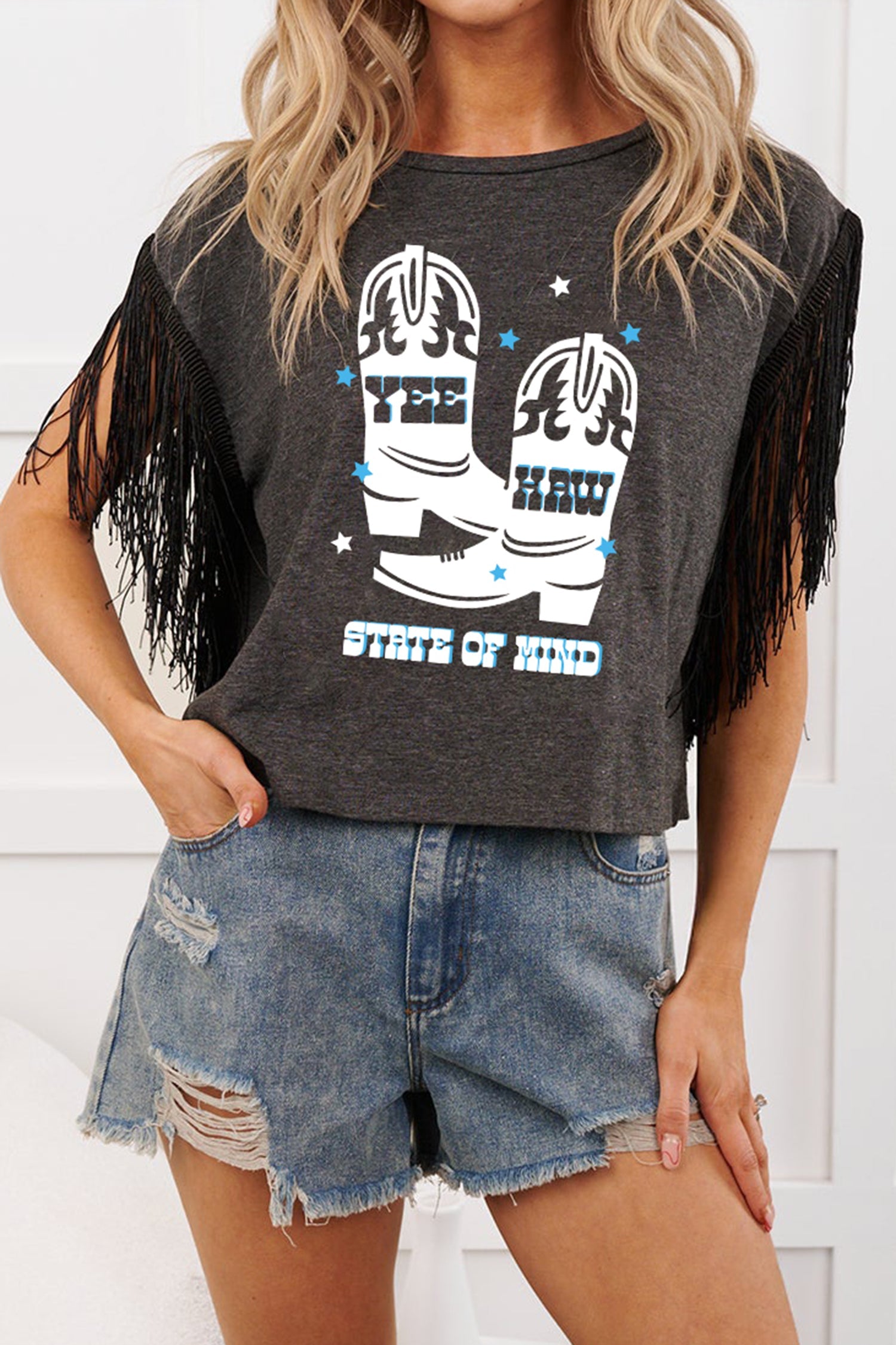 Western Yee Haw State of Mind Fringe Sleeve Tee
