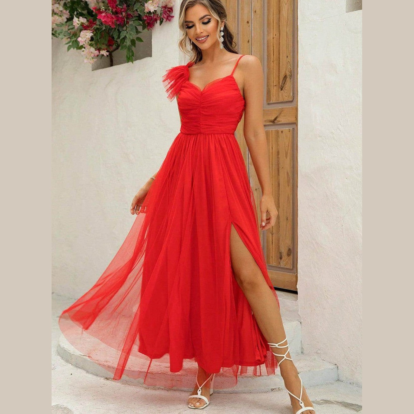 Asymmetrical Ruched Slit Dress - VacationGrabs