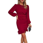 Ruched Ruffled Balloon Sleeve Mini Dress - VacationGrabs