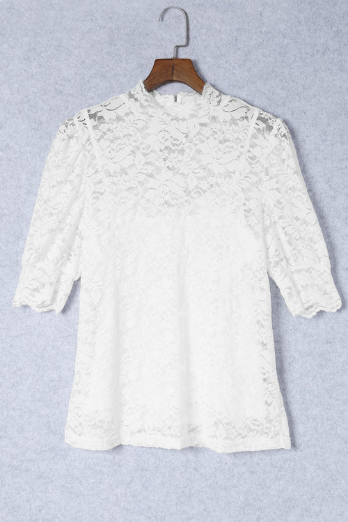 Floral Lace High Neck Puff Sleeve Blouse