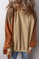 Khaki Lace Patchwork Colorblock Sweatshirt - VacationGrabs