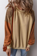 Khaki Lace Patchwork Colorblock Sweatshirt - VacationGrabs