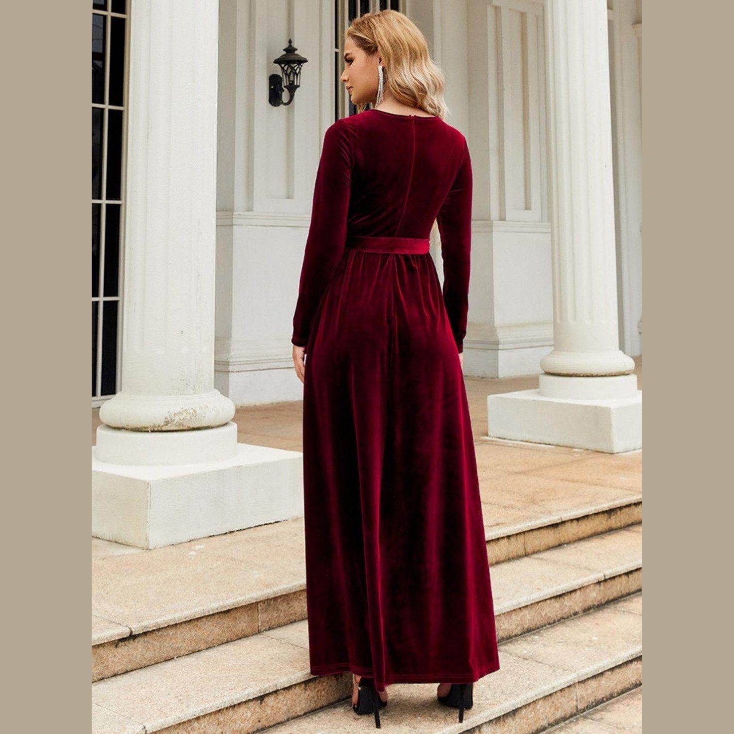 Tie Front Round Neck Long Sleeve Maxi Dress - VacationGrabs