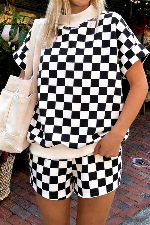 Checker Colorblock Mock Neck Top & Short Set