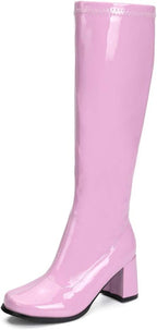 Women's White Gogo Boots, Knee High Block Heel Disco Boots