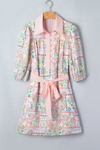 Boho Floral Colorblock 3/4 Sleeve Belted Mini Dress